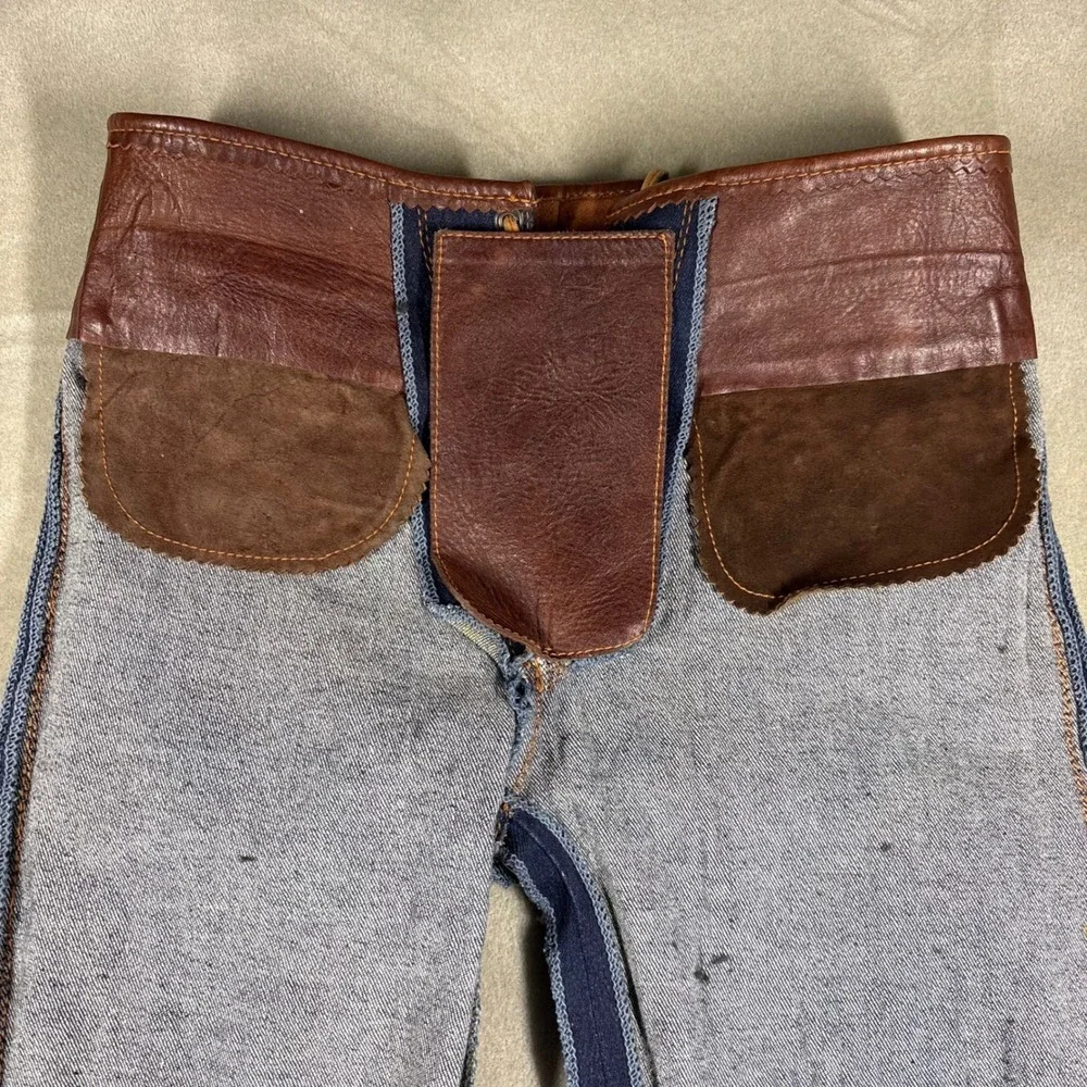 Vintage Royal Flesh Custom Leather Denim Lace Up Flare Jeans 80s 90s Western M